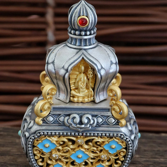 Four Great Bodhisattvas gourd pendant necklace with incense compartment, handcrafted with Tibetan Buddhist designs
