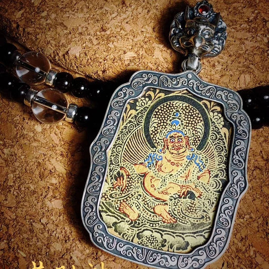 Hand-painted Thangka Guardian pendant necklace, symbolizing Tibetan Buddhist protection and spiritual energy