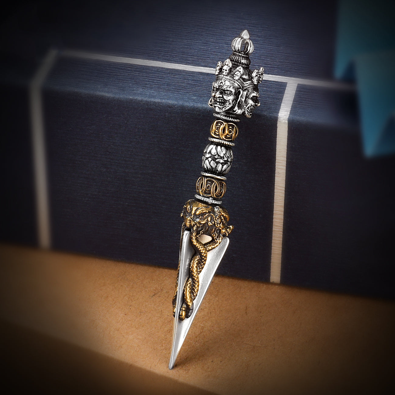 Authentic Tibetan Buddhist 6.7cm Púbā Vajra pendant made from brass and white copper, handcrafted with intricate details, representing spiritual strength.