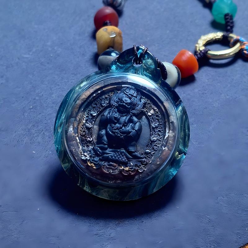 Tibetan Buddhist Jewelry Culture handmade Black Jambhala Gawu box necklace with multicolor Tsa Tsa, Tibetan Buddhist jewelry art pendant for wealth and protection