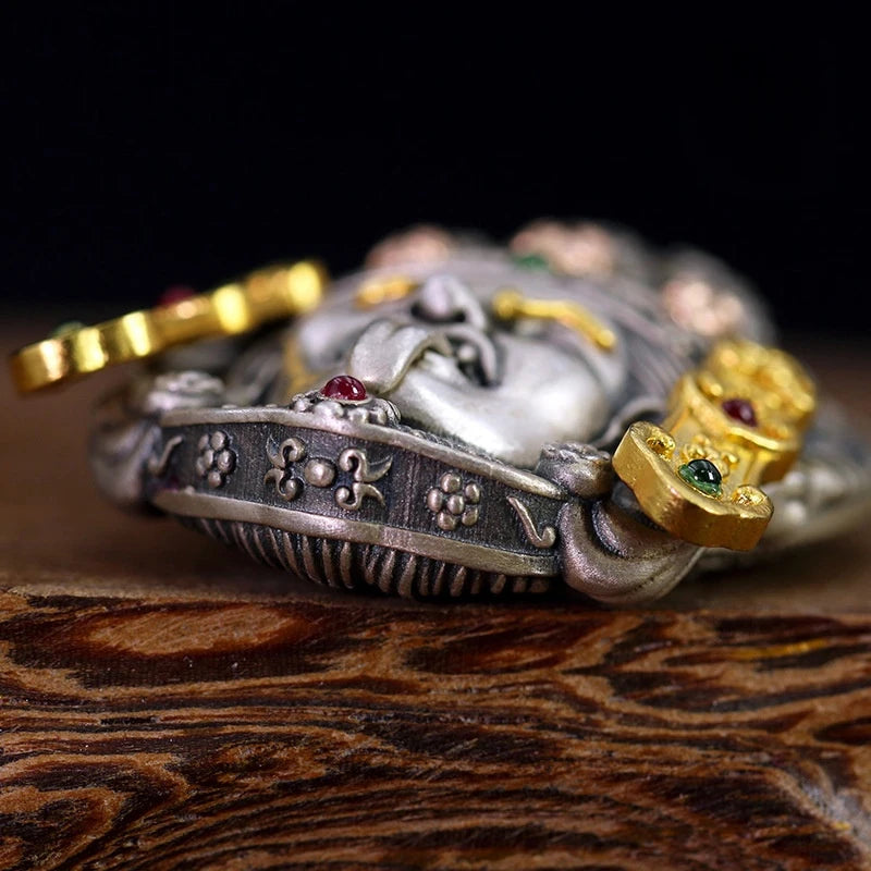 Handcrafted carved inlaid Zaki Lam Goddess of Wealth pendant necklace inspired by Tibetan Buddhist Jewelry Culture, symbolizing prosperity and spiritual strength