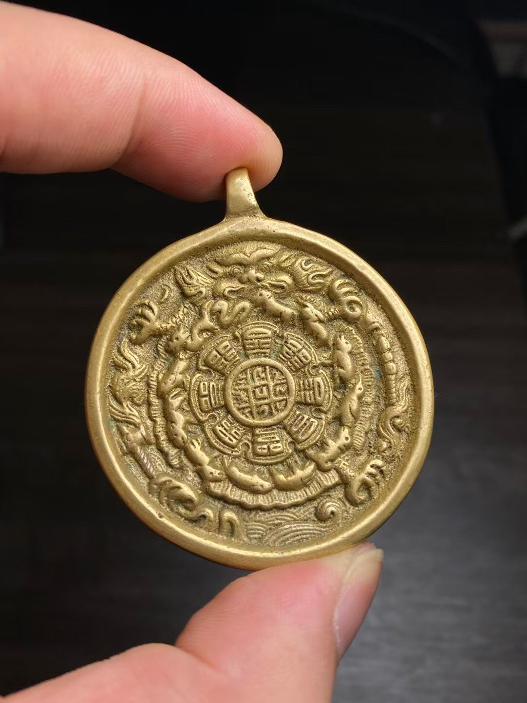 Tibetan Buddhist Armored Bear Bagua pendant made of blue jade, handcrafted jewelry art symbolizing protection and balance.