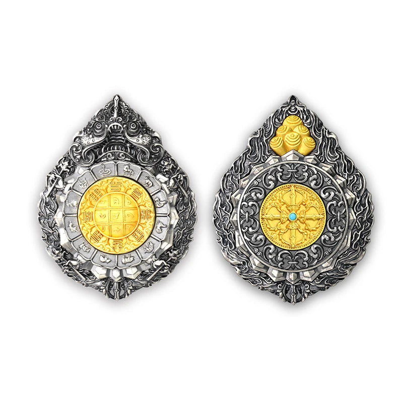 Hand-carved silver rotating Bagua pendant inspired by Tibetan Buddhist jewelry culture, symbolizing fortune and balance.