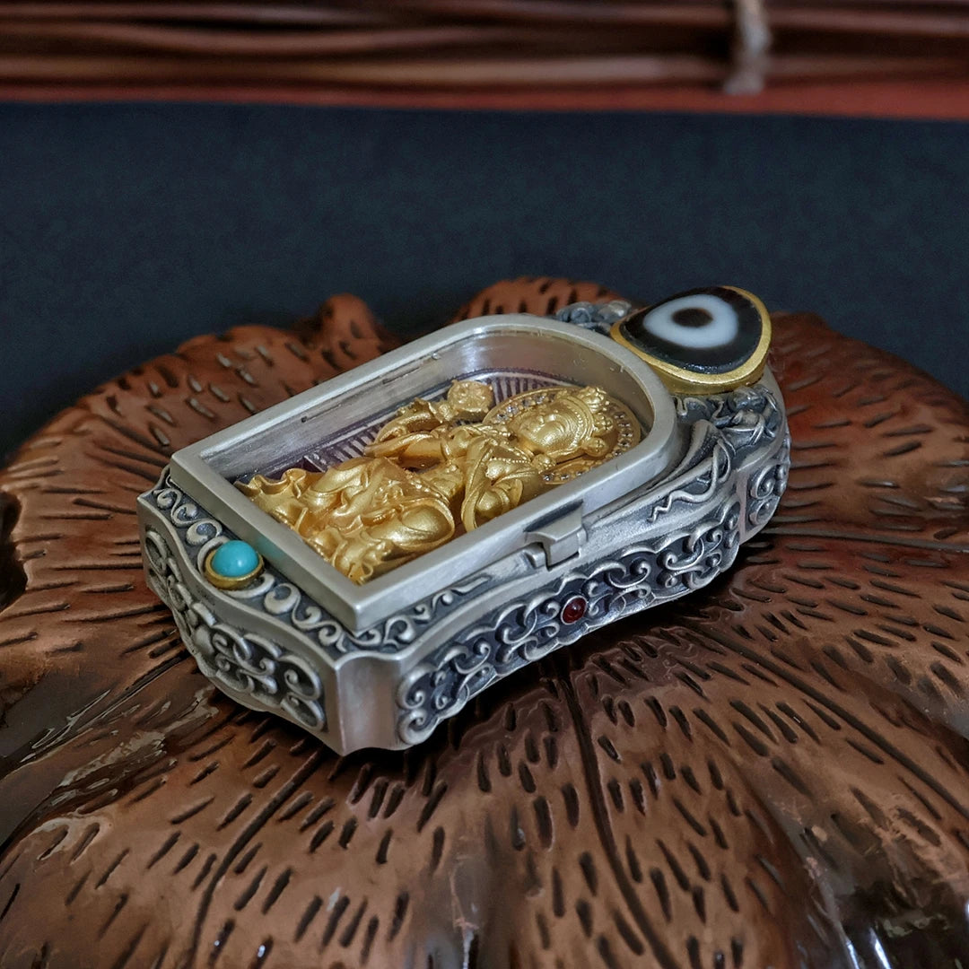 Handcrafted rotating Maitreya Buddha crown pendant inspired by Tibetan Buddhist Jewelry Culture