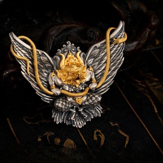 Handcrafted carved Garuda pendant necklace inspired by Tibetan Buddhist Jewelry Culture and sacred Jewelry art
