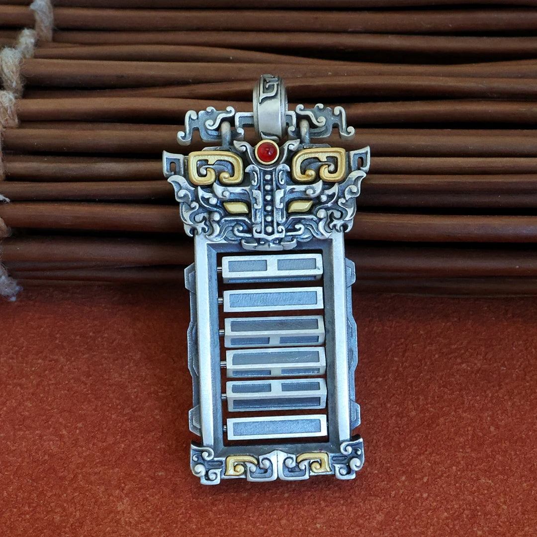 Sacred I Ching hexagrams pendant, handcrafted and inlaid, reflecting Tibetan Buddhist Jewelry Culture and the divination wisdom of the I Ching