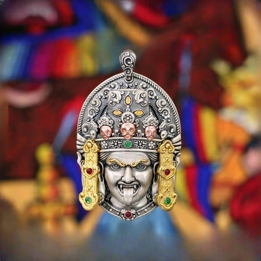 Sacred Zaki Lam female deity pendant necklace, intricately carved and inlaid, embodying Tibetan Buddhist Jewelry Culture and bringing wealth and blessings