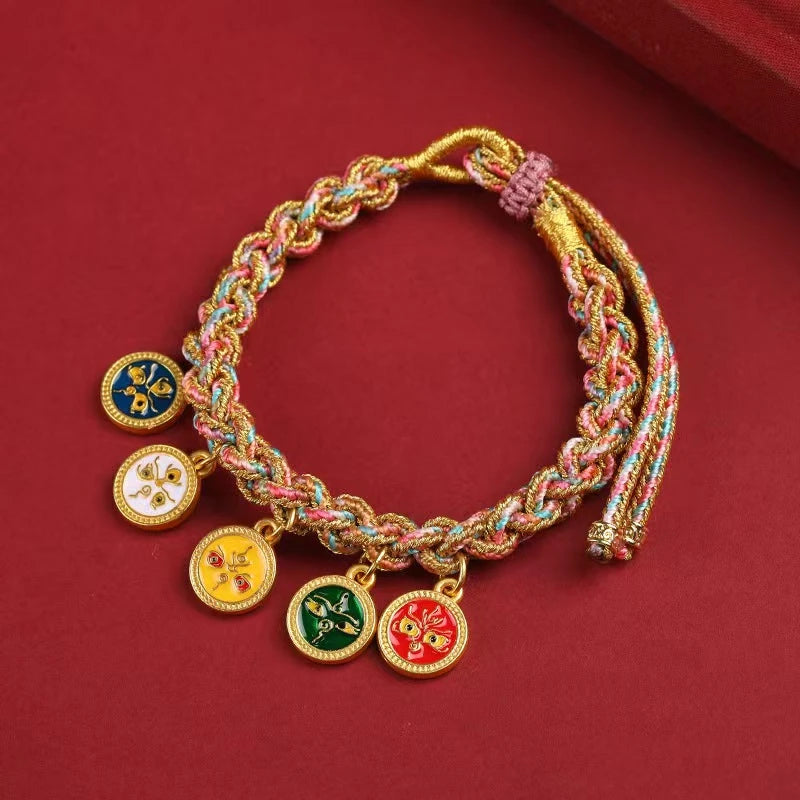 Handcrafted Five Pathway Wealth God Adjustable Friendship Bracelet with Colorful Rope for Couples