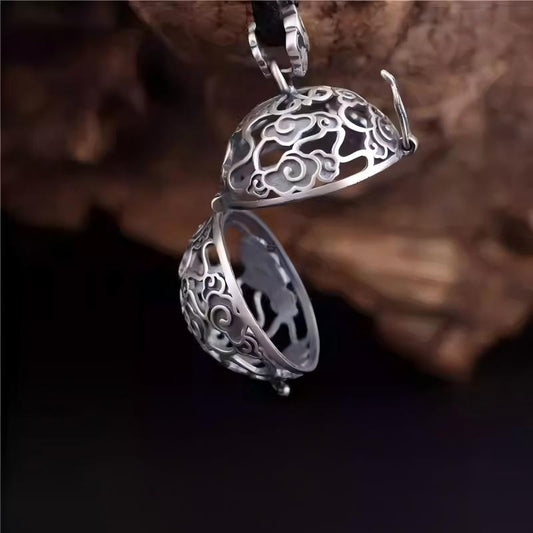 Handcrafted 925 silver hollow cloud gau box pendant, Tibetan Buddhist Jewelry Culture jewelry art, openable incense ball necklace for women