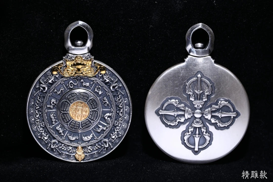 Handcrafted carved Nine Palace Bagua pendant necklace, symbolizing balance, protection, and harmony in Tibetan Buddhist Jewelry Culture