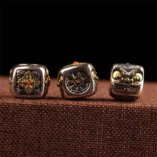 Handcrafted Tibetan Buddhist silver square spacer featuring Guru Rinpoche Vajra, Jewelry art accessory for DIY Vajra Xingyue prayer beads bracelets