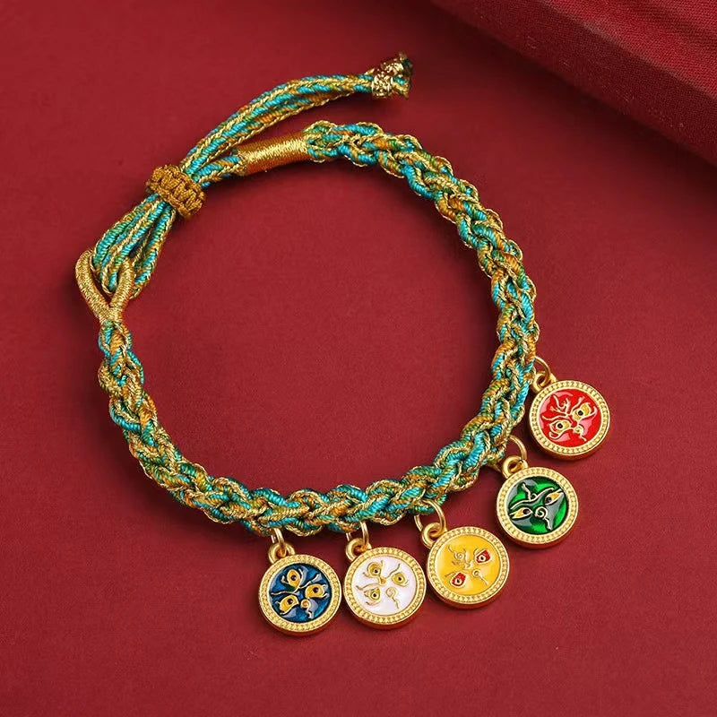 Handcrafted Five Pathway Wealth God Adjustable Friendship Bracelet with Colorful Rope for Couples