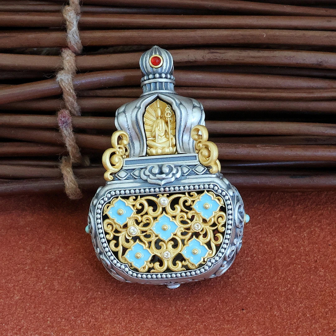 Handcrafted Four Great Bodhisattvas gourd pendant necklace with openable incense holder for spiritual use
