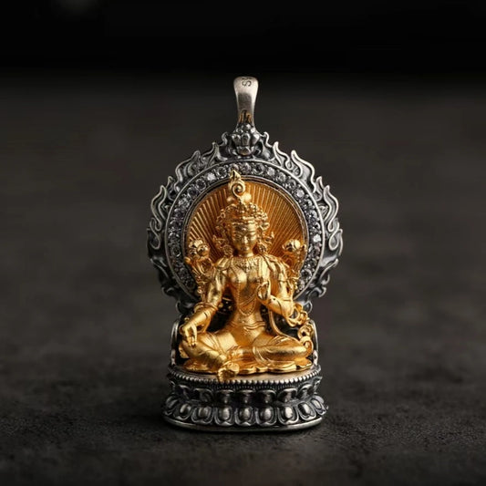 Handcrafted silver inlaid zodiac guardian pendant inspired by Tibetan Buddhist jewelry culture, sacred jewelry art for protection.