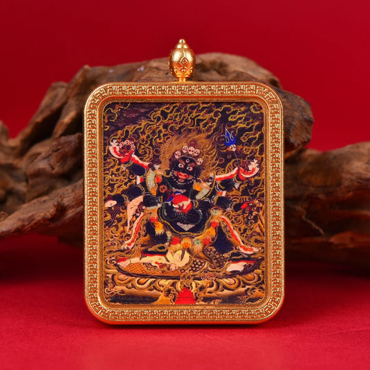 Handpainted Tibetan Mahakala Black Wealth God Thangka Gau box in Tibetan Buddhist Jewelry Culture