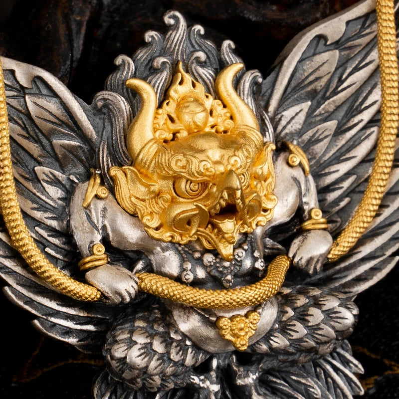 Tibetan Buddhist carved Golden Winged Garuda necklace pendant for protection and spiritual strength