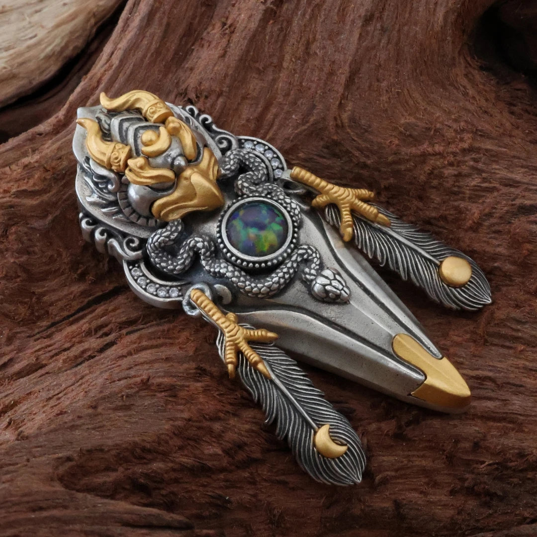 Golden Winged Garuda feather rotating pendant symbolizing fortune turning and protection