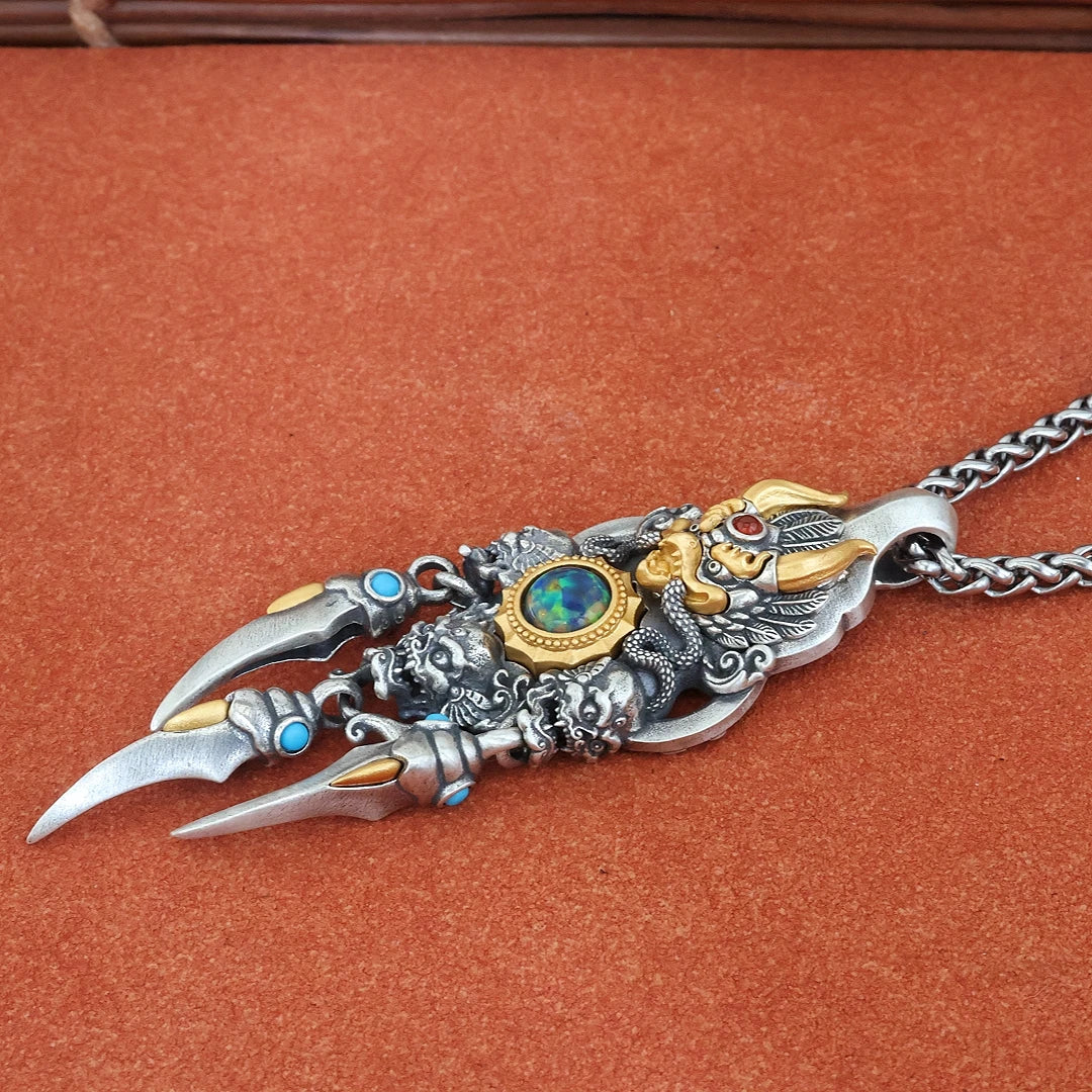 Handcrafted spinning Garuda pendant necklace inspired by Tibetan Buddhist Jewelry Culture and sacred Jewelry art