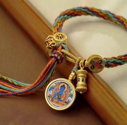 Green Tara Thangka Pendant with Six-Syllable Mantra, Handwoven Red Rope Necklace, Tibetan Buddhist Jewelry Art