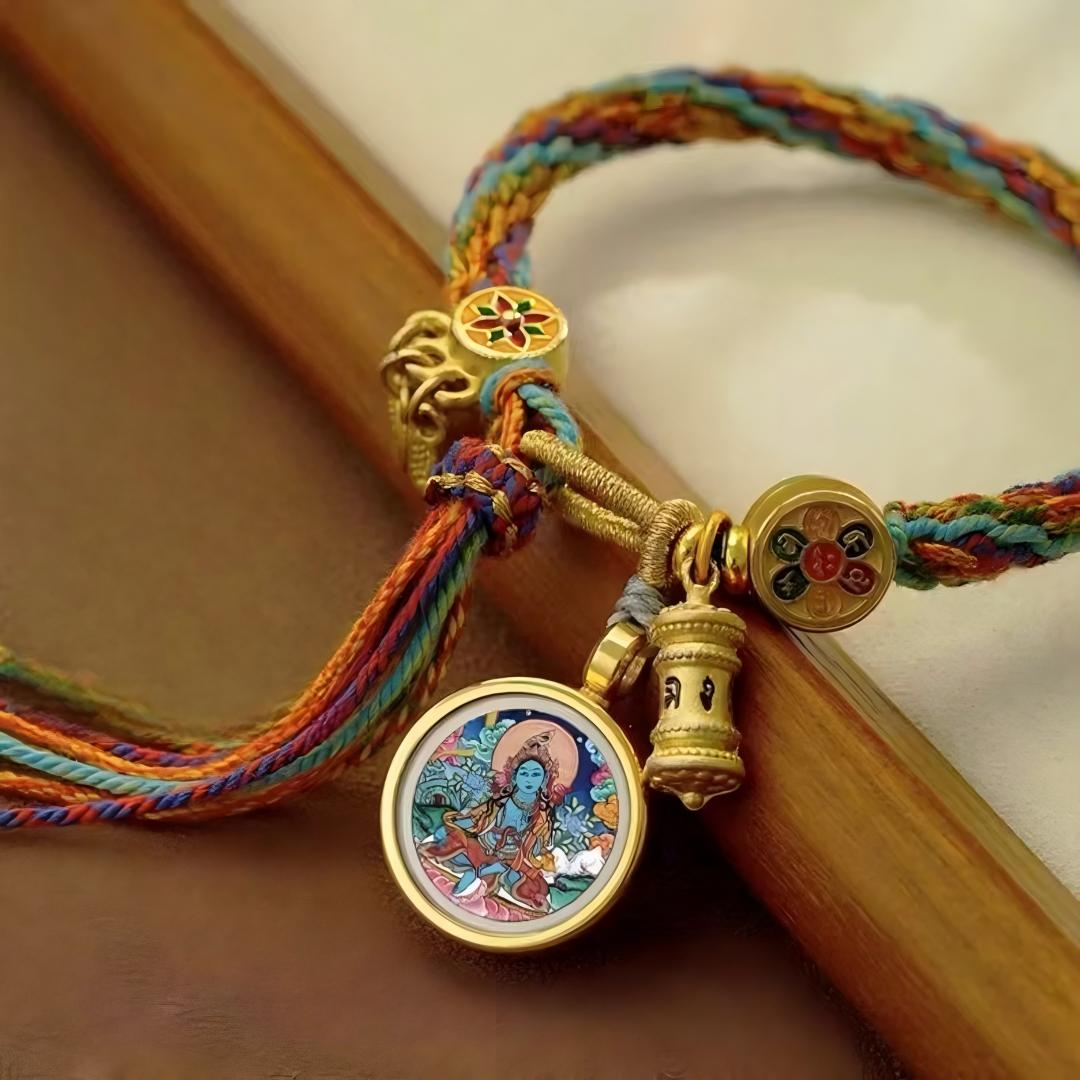 Yellow God Medicine Buddha Thangka Pendant with Mantra, Handwoven Red Rope Necklace, Tibetan Buddhist Jewelry Art