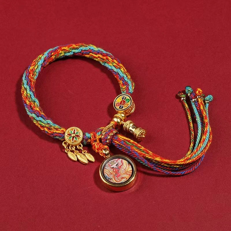 Yellow God Medicine Buddha Thangka Pendant with Mantra, Handwoven Red Rope Necklace, Tibetan Buddhist Jewelry Art