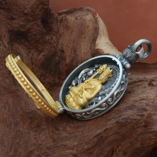 Handcrafted silver Guanyin and Ksitigarbha pendant inspired by Tibetan Buddhist jewelry culture, symbolic jewelry art for protection and compassion.