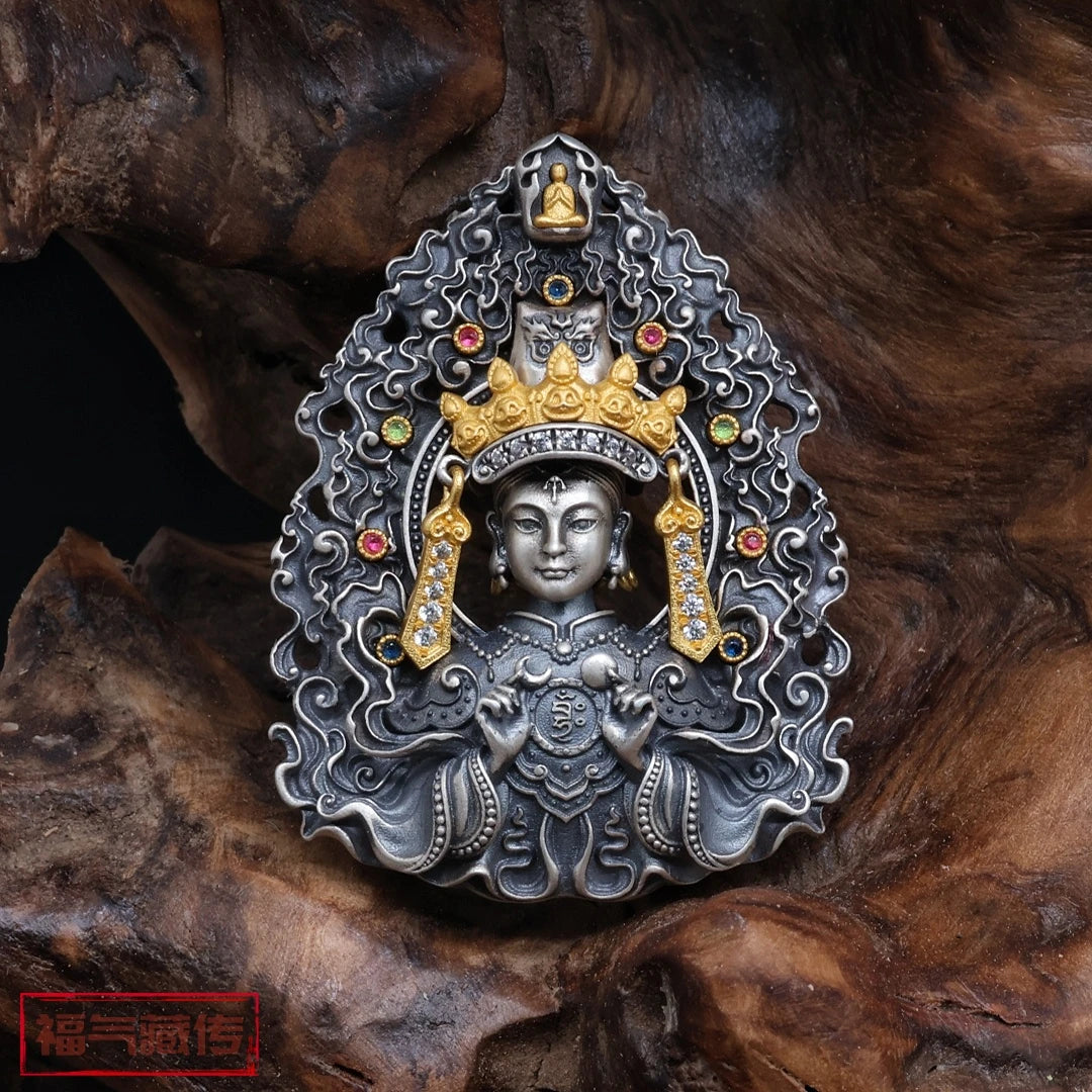Hand-carved silver Zaki Lhamo pendant inspired by Tibetan Buddhist jewelry culture, symbolizing destiny, protection, and prosperity.