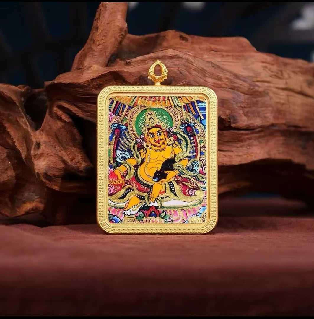 Handmade Tibetan Copper Pendant featuring Black & Yellow God Thangka, Wealth and Protection, Gold-Plated Design