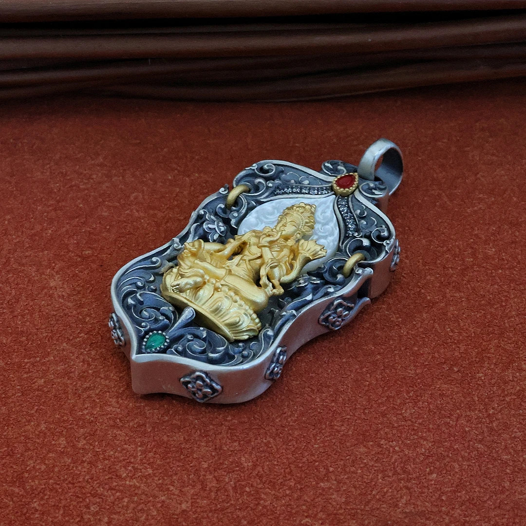 Tibetan Buddhist Jewelry Culture Green Tara pendant with spinning design, symbolizing protection, spiritual empowerment, and wisdom