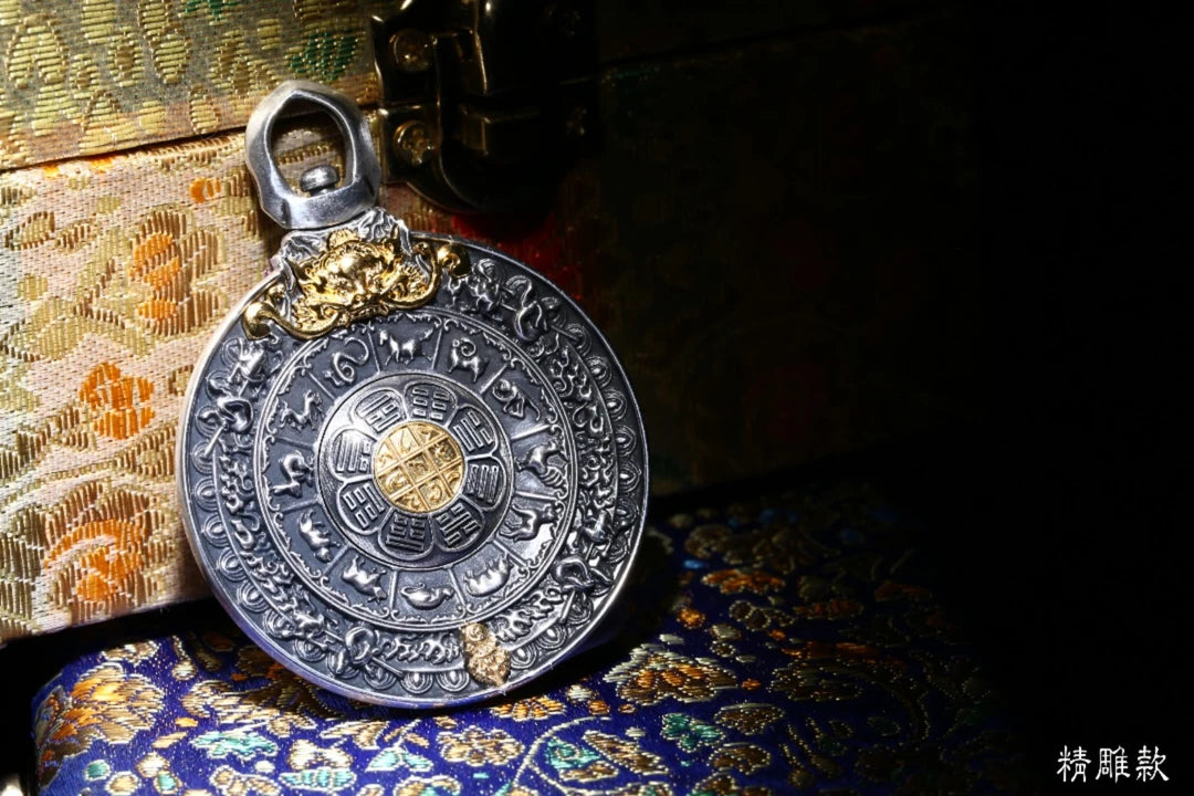 Intricately carved Nine Palace Bagua necklace pendant, a powerful amulet symbolizing cosmic balance and spiritual awakening