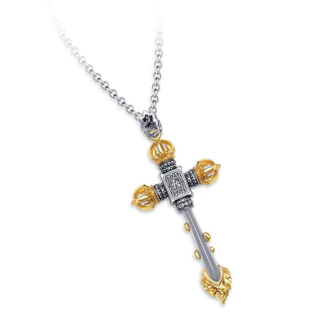 Silver Manjushri wisdom sword pendant representing Tibetan Buddhist jewelry culture and spiritual insight.