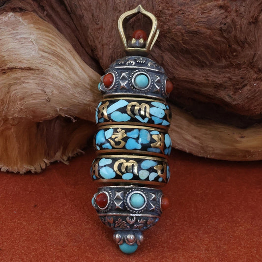 Handmade silver Om Mani Padme Hum rotating pendant, Tibetan Buddhist jewelry culture spiritual jewelry art.