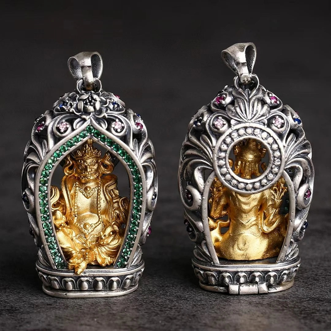 Tang grass pattern silver Buddhist pendant representing Tibetan Buddhist jewelry culture and spiritual balance.