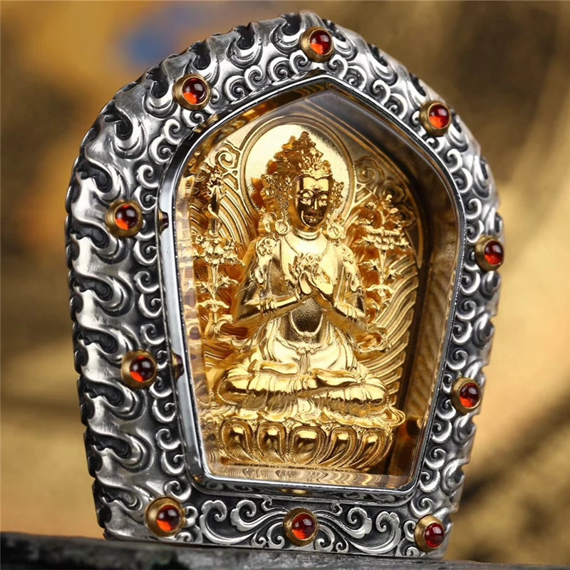 Handcrafted silver zodiac guardian Buddha pendant inspired by Tibetan Buddhist jewelry culture, meaningful jewelry art for protection.