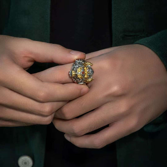 Hand-painted Tibetan Buddhist Yamantaka vajra ring in 925 silver, sacred jewelry art for spiritual strength.