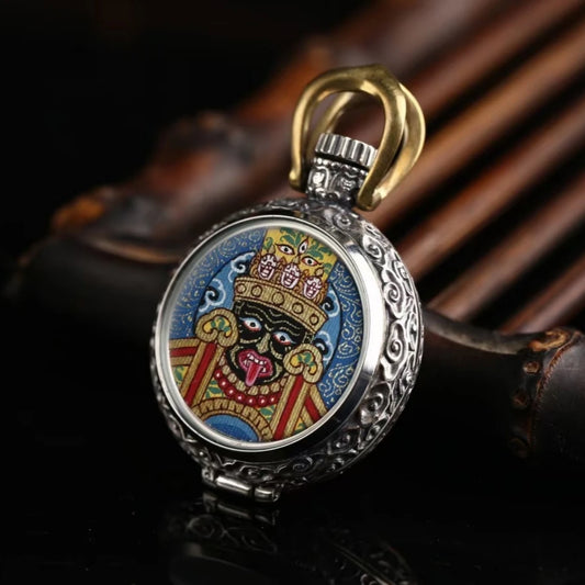 Sacred Zaki Lam Yellow Wealth Buddha Thangka pendant necklace, hand-painted with intricate details, representing abundance and divine blessing