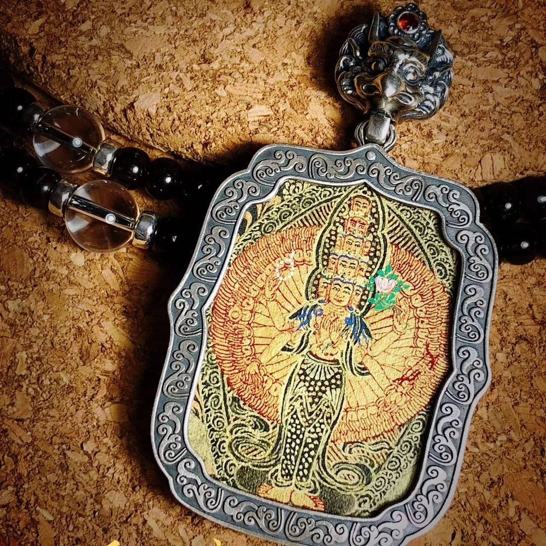 Tibetan Buddhist Jewelry Culture handcrafted Thangka Guardian pendant necklace, offering divine protection