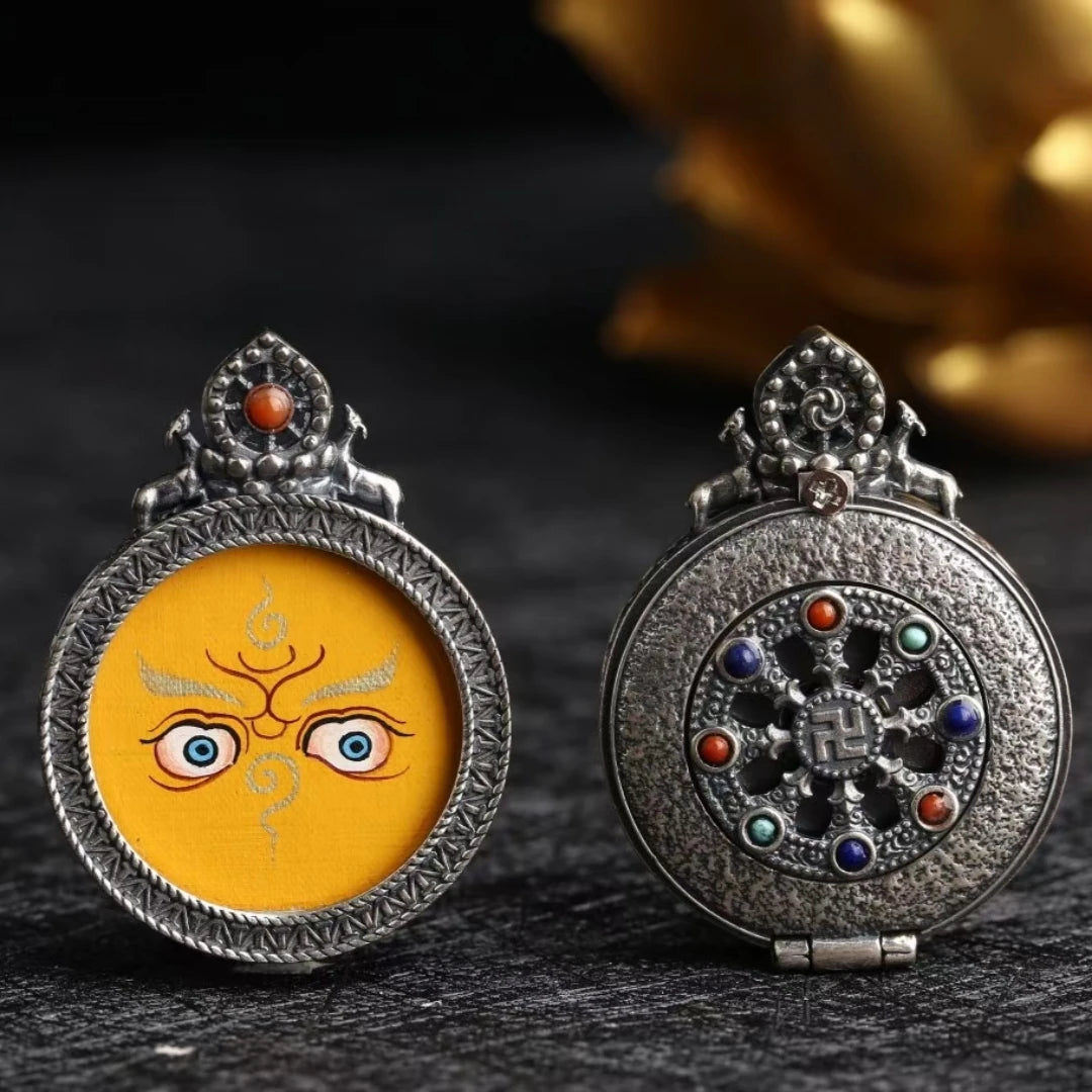Wulu Caishen Thangka pendant necklace, hand-painted, symbolizing prosperity in Tibetan Buddhism