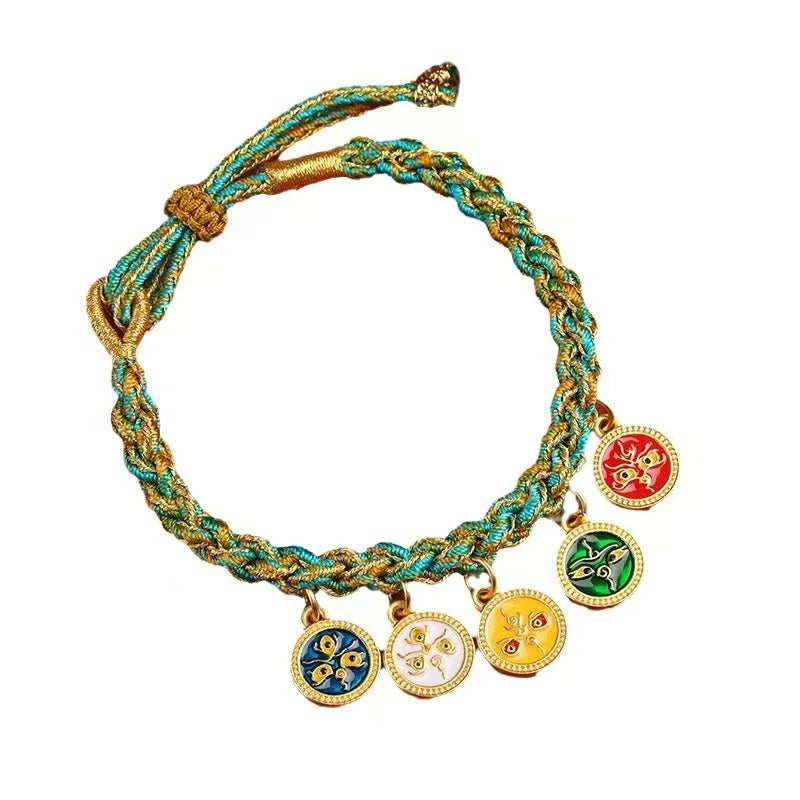 Handmade Tibetan Colorful Rope Bracelet featuring Five Pathway Wealth God, Adjustable for All Sizes