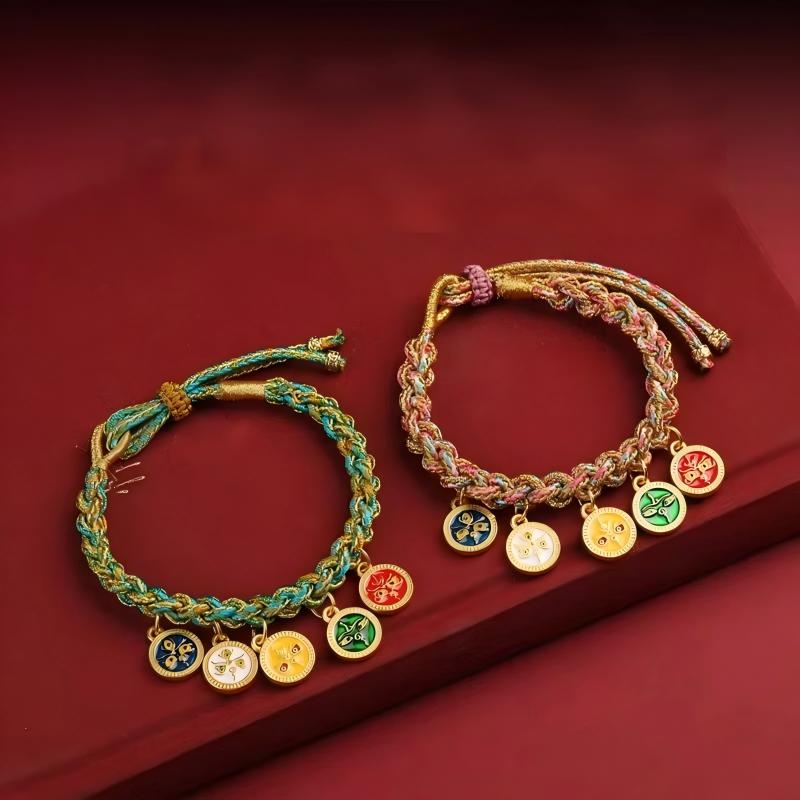 Handcrafted Five Pathway Wealth God Bracelet, Adjustable with Colorful Rope, Ideal for Couples
