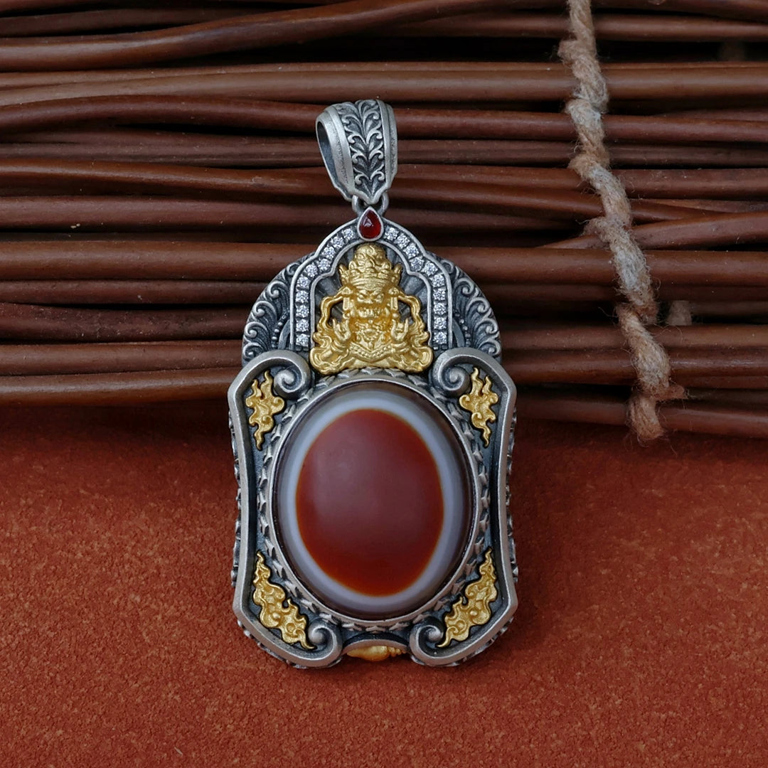 Handcrafted Goddess Zaki Lam pendant necklace with Sheep Eye beads, symbolizing wealth and protection in Tibetan Buddhist Jewelry Culture