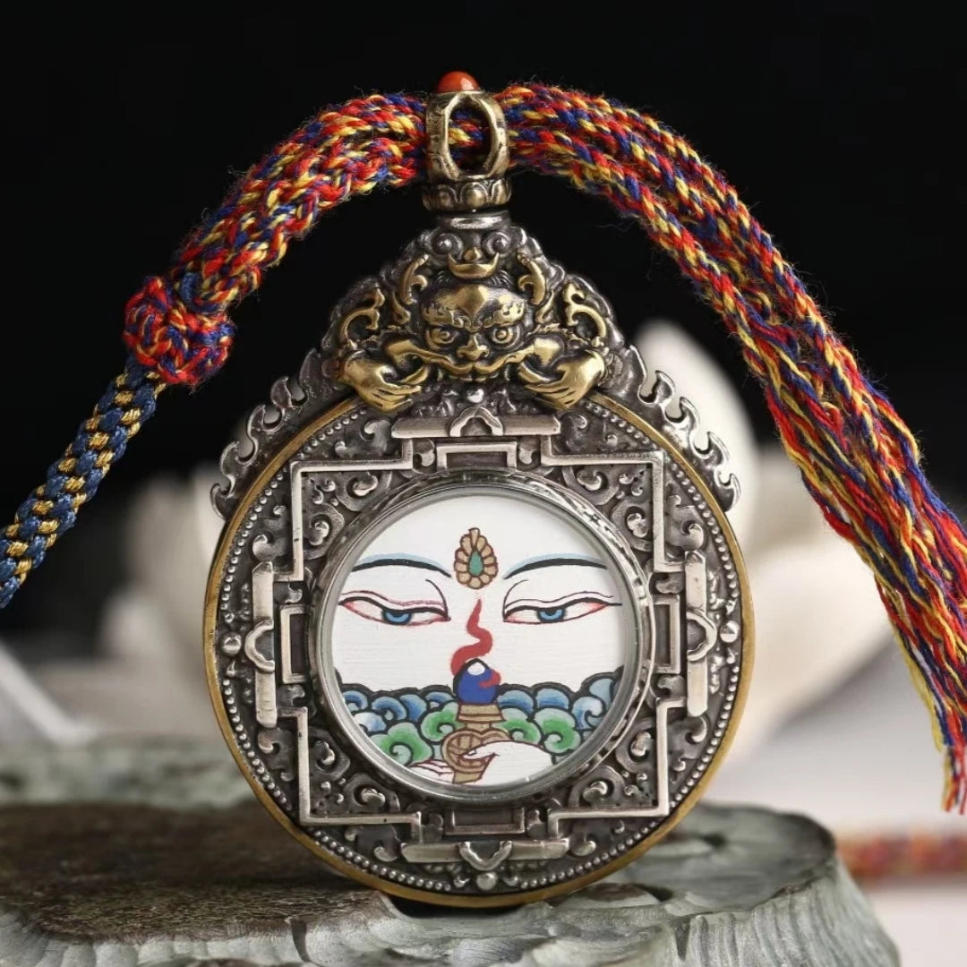 Sacred Hotong Thangka pendant necklace with intricate hand-painting, offering spiritual protection and divine blessings