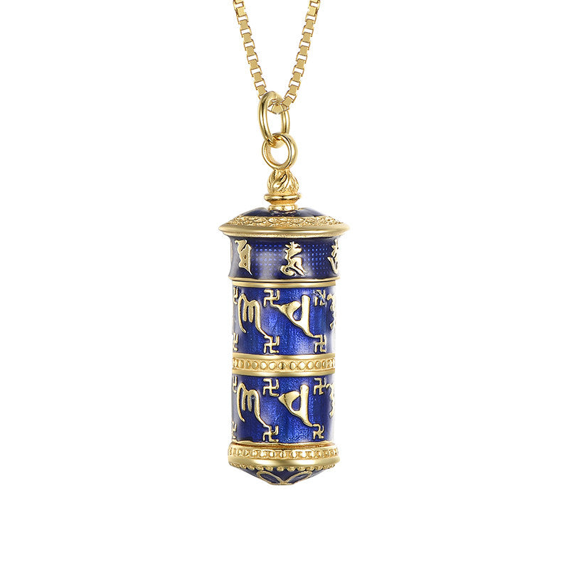 Tibetan Buddhist Jewelry Culture handcrafted S925 silver burnt blue perfume bottle pendant necklace, rotating gold cylinder Tibetan amulet clavicle chain, spiritual jewelry art for women