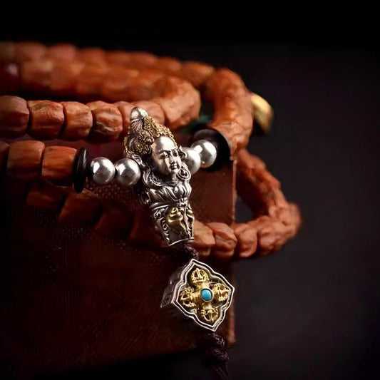 Tibetan handmade silver Tara three-way Buddha head connector, Jewelry art component for DIY spiritual bracelets and mala bead creations