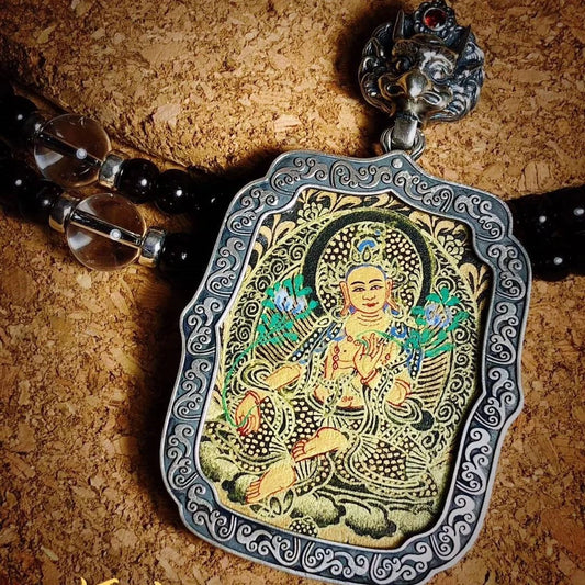 Sacred Thangka Guardian pendant necklace, intricately hand-painted with symbols of protection and wisdom