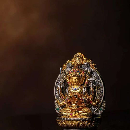 Hand-painted Twelve-Armed Manjushri pendant inspired by Tibetan Buddhist jewelry culture, sacred jewelry art symbolizing supreme wisdom and insight.