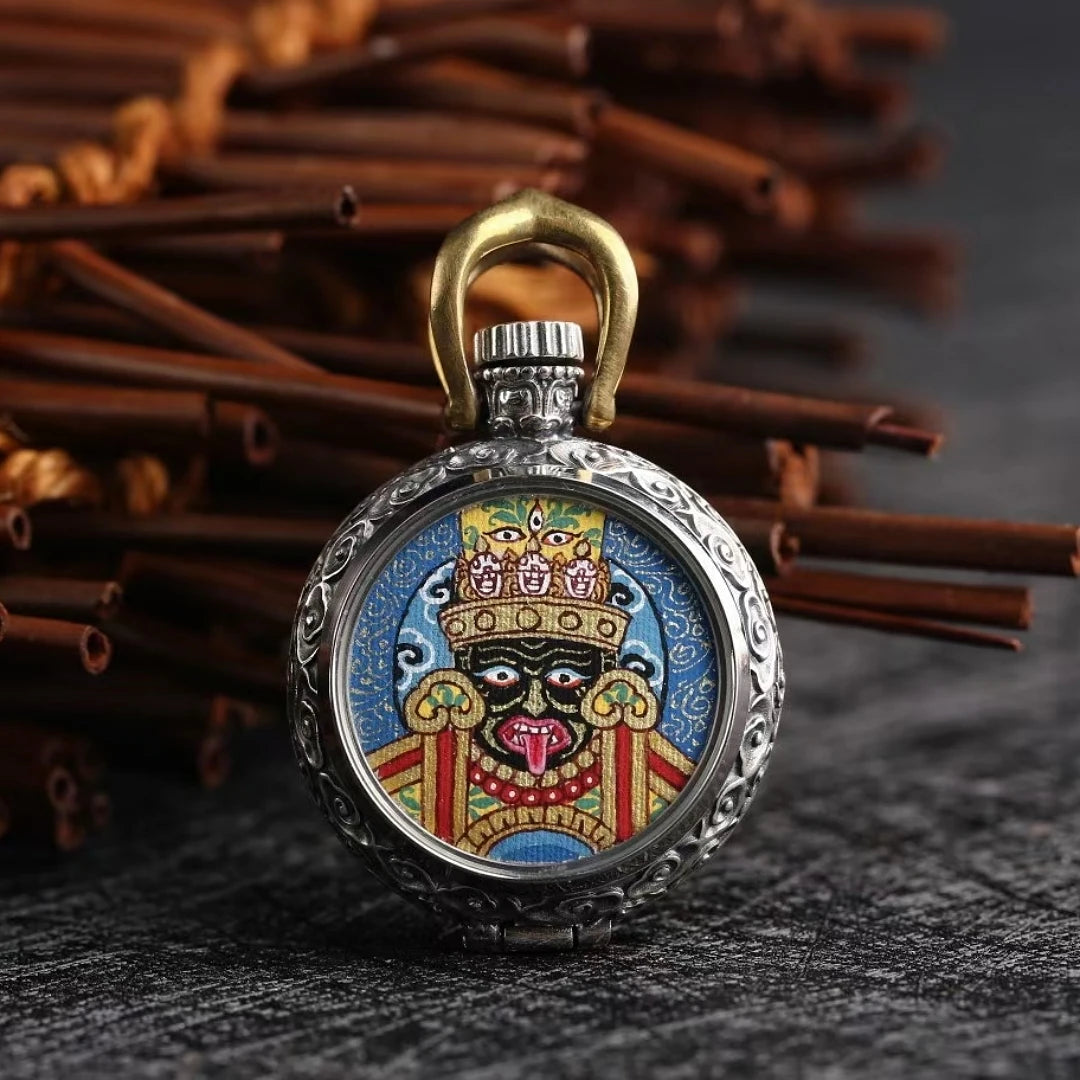 Handcrafted Zaki Lam Yellow Wealth Buddha Thangka pendant necklace, symbolizing prosperity and protection in Tibetan Buddhist Jewelry Culture