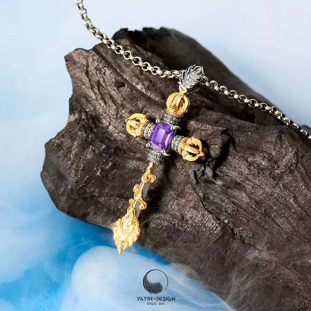 Hand-painted cross Manjushri sword pendant in Tibetan Buddhist jewelry culture, refined jewelry art for protection.