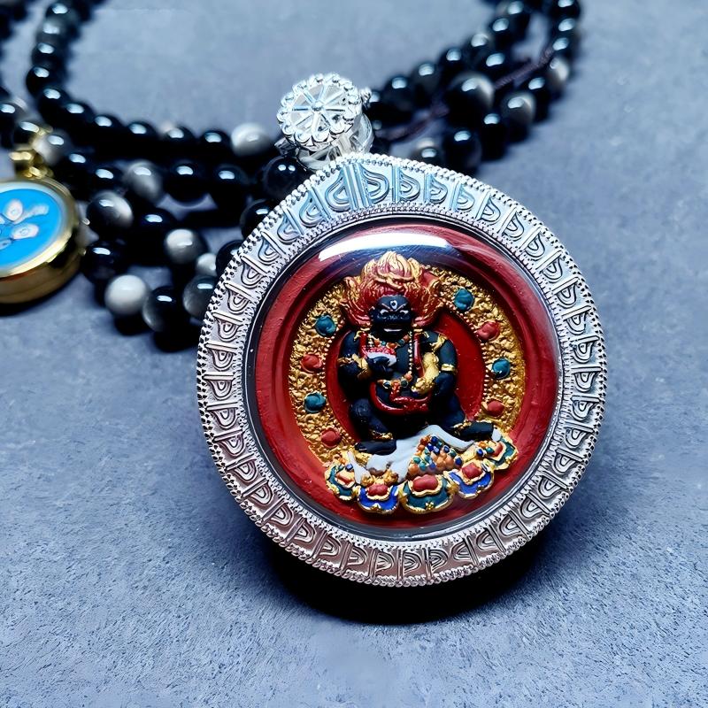 Tibetan Buddhist Jewelry Culture Tibetan double-sided Yellow Black Jambhala Thangka pendant, handpainted with mineral pigments, Jewelry art for prosperity and spiritual blessings