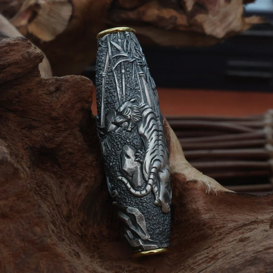 Hand-painted silver Green Tara amulet featuring dragon and tiger symbolism, a powerful Tibetan Buddhist jewelry art piece.